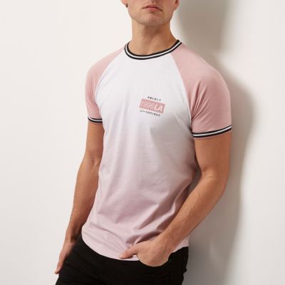 Pink slim fit faded effect raglan T-shirt